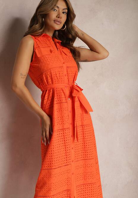 Pomarańczowa Ażurowa Sukienka z Bawełny o Koszulowym Kroju z Materiałowym Paskiem Vikiisara