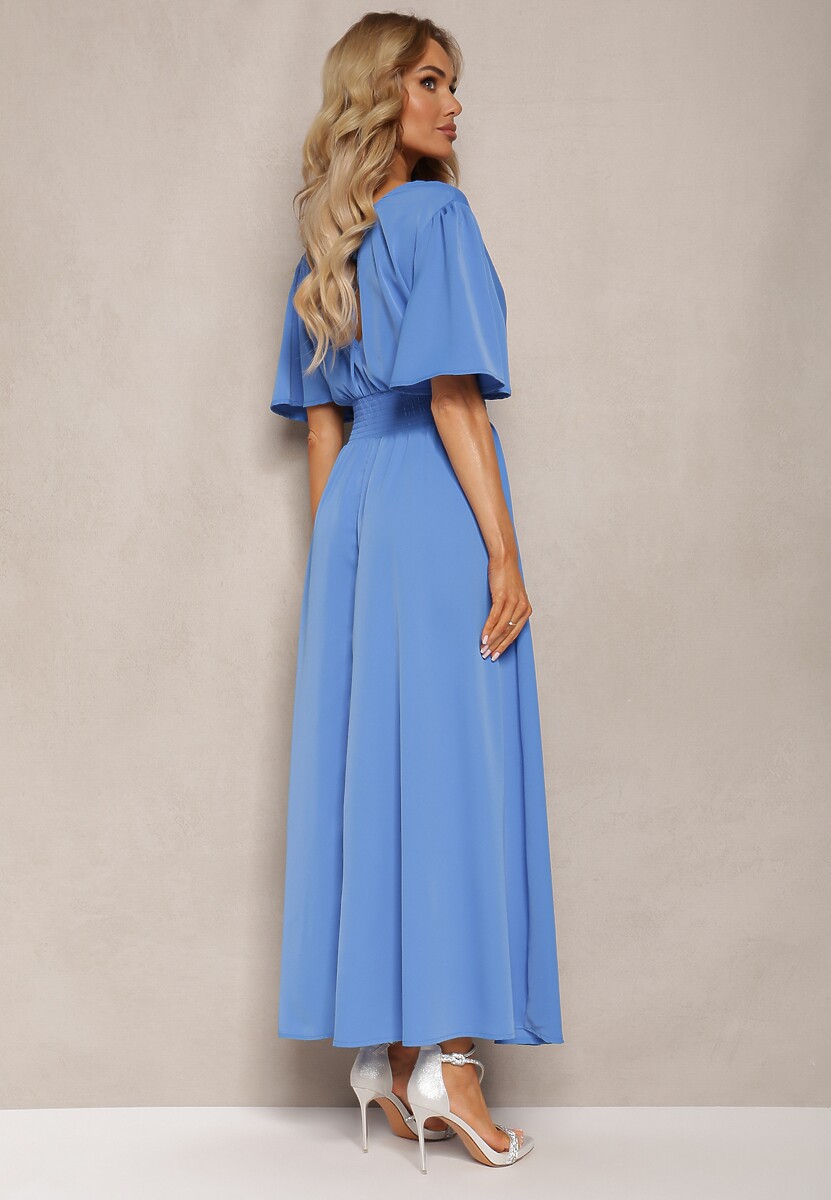 Niebieska  Sukienka z Luźnymi Rękawami Wiązaniem z Wycięciem na Plecach i Gumką w Talii Valenta