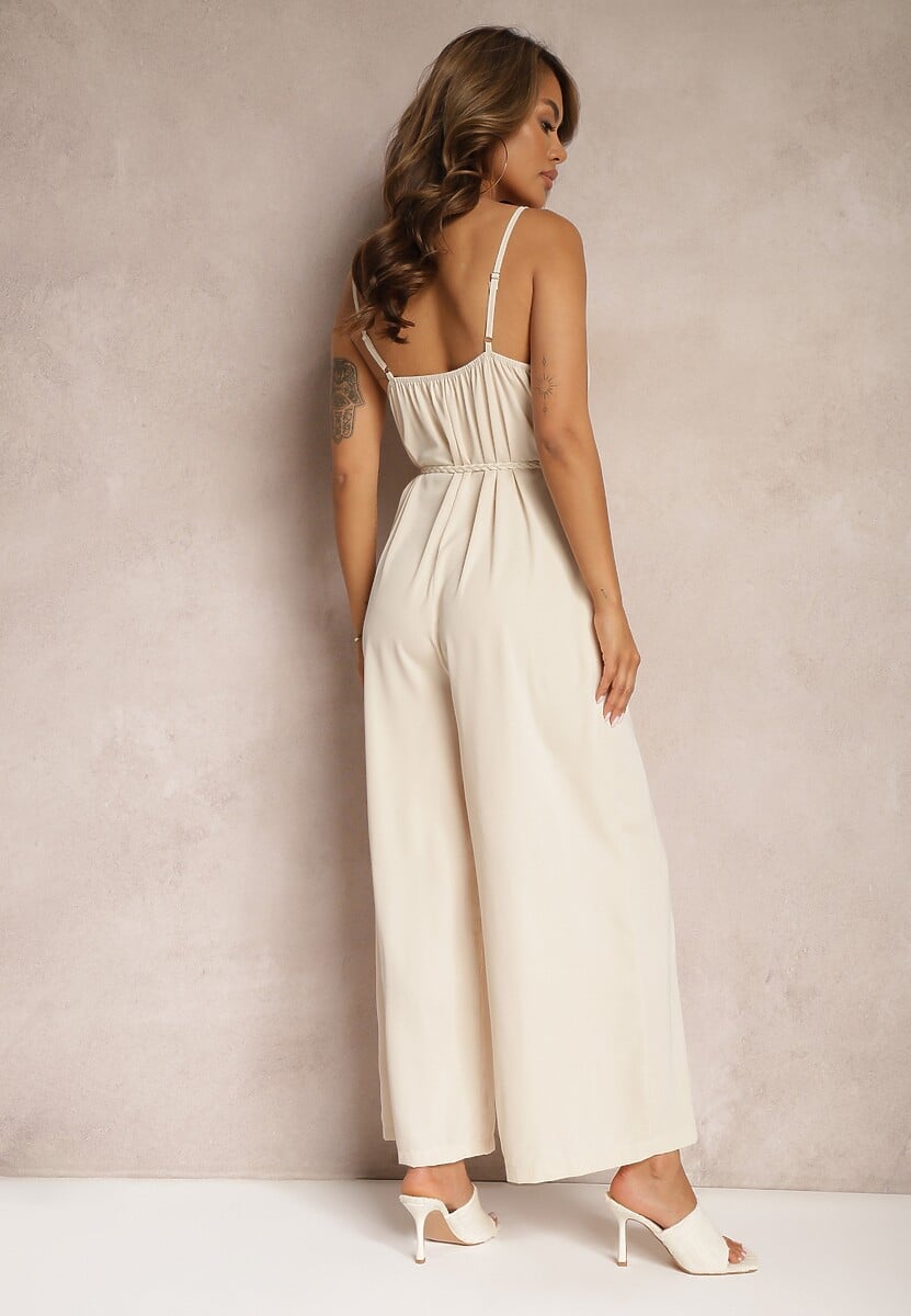 Jasnobeżowy Kombinezon z Regulowanymi Ramiączkami Wiązany w Talii bez Ramiączek Juletta