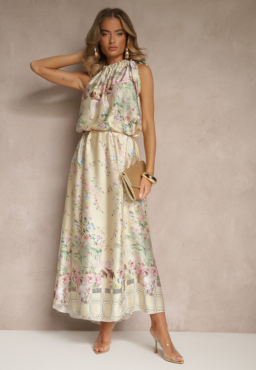 Żółta Sukienka z Satyny Zdobiona Kwiatowym Wzorem i Wiązaniem Fenalesa