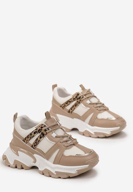 Ciemnobeżowe Sznurowane Sneakersy na Grubej Podeszwie ze Wstawkami i Brokatem Widgeta