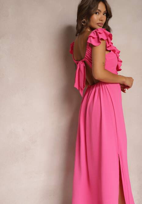 Różowa Sukienka Koktajlowa na Ramiączkach Ozdobiona Falbaną i Rozcięciami po Bokach Zorabea