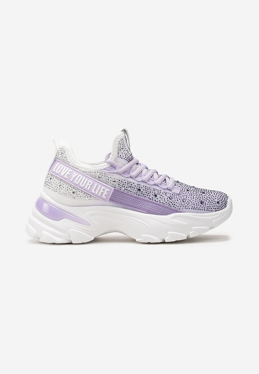 Fioletowe Sneakersy z Błyszczącymi Cyrkonami i Napisem Halerin