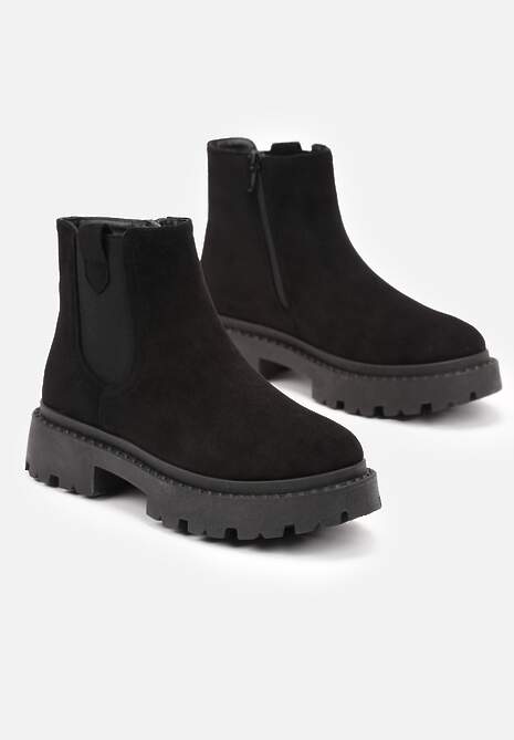 Czarne Botki Sztyblety z Ekozamszu na Grubej Podeszwie Liraelia