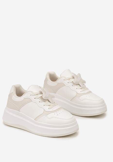 Biało-Beżowe Sneakersy na Platformie z Odpinaną Gwiazdką Ekaria