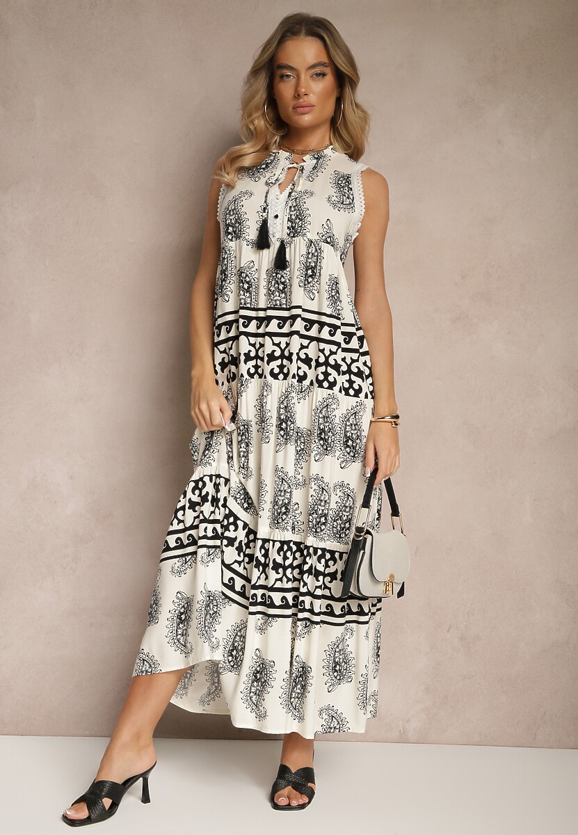 Czarna Rozkloszowana Sukienka z Wiskozy Wiązana pod Szyją w Print Paisley Nreadia