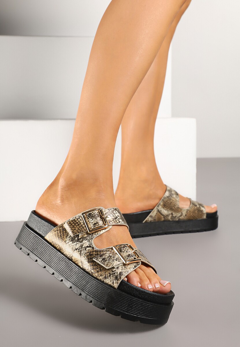 Złote Wężowe Klapki na Platformie z Paskami  ze Sprzączkami Kaliora