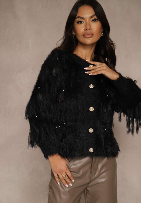 Czarny Kardigan z Dzianiny z Wełną Imitującą Pióra z Perłowymi Guzikami Meviatta