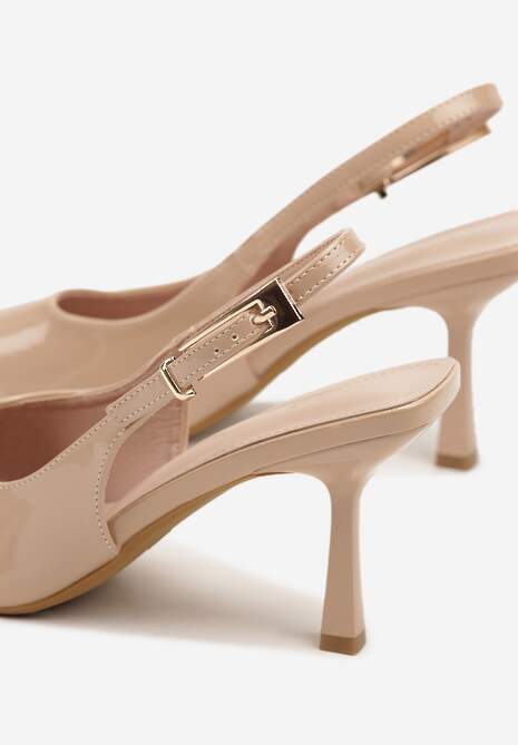 Ciemnobeżowe Sandały Lakierowane na Szpilce Vices Typu Slingback Tilazea