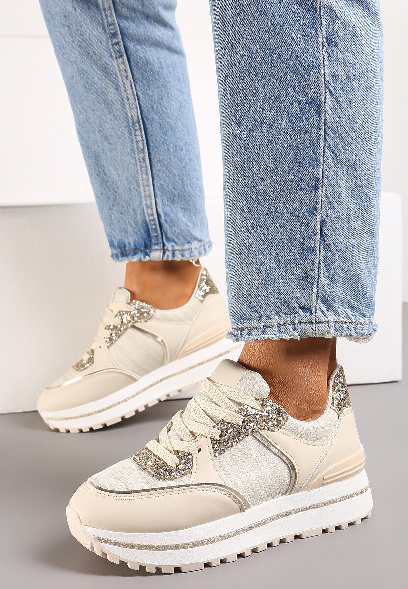 Beżowe Sneakersy na Platformie ze Wstawkami z Brokatu Ovilia