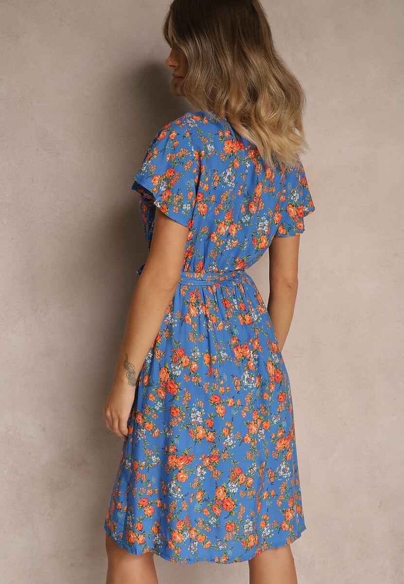Niebieska Wiskozowa Sukienka Midi w Kwiaty z Gumką w Pasie i Materiałowym Paskiem Aidenia