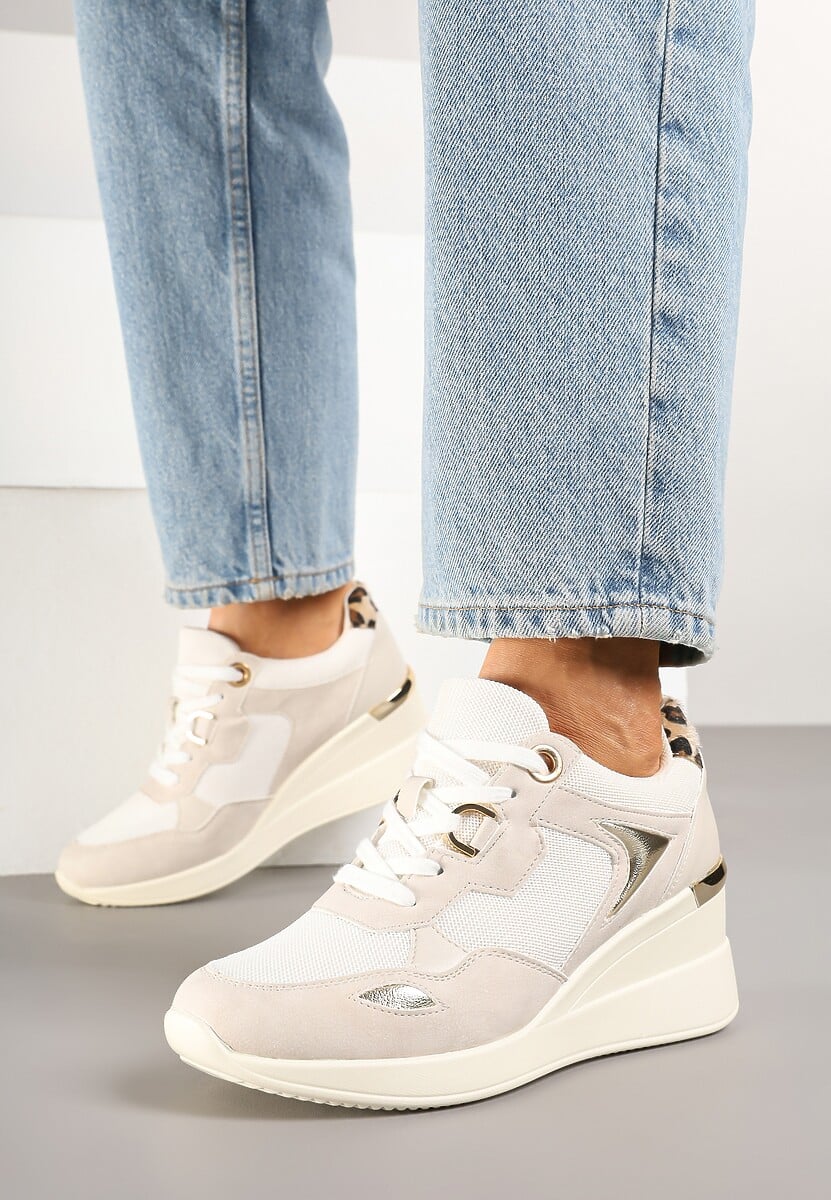 Beżowe Miejskie Sneakersy na Koturnie Cenerra