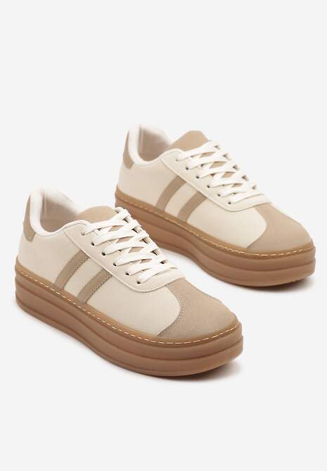 Beżowe Sneakersy na Tłoczonej Platformie Ozdobione Paskami Felainora