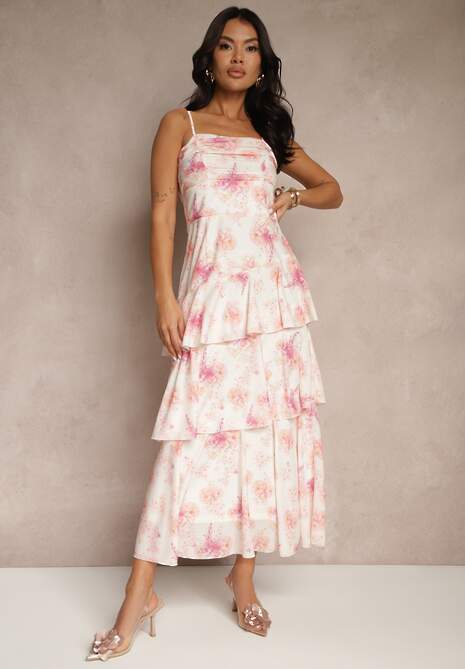 Różowa Sukienka na Ramiączkach z Falbankami i Marszczeniem w Kwiatowy Wzór Revoreine