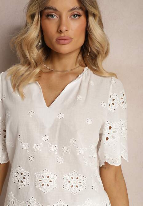 Biała Bawełniana Bluzka z Krótkim Rękawem i Ażurowym Wzorem Tinabeths