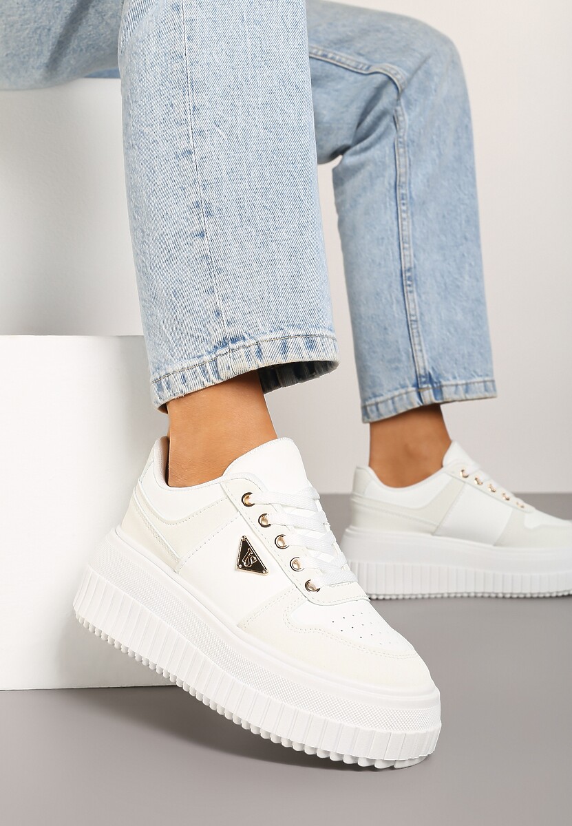 Białe Sznurowane Sneakersy Vices Tłoczonej Platformie Ozdobione Trójkątem Raviri