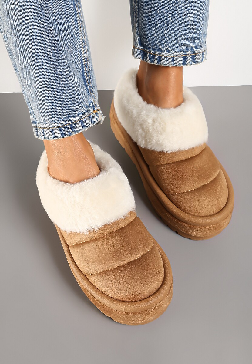 Jasnobrązowe Niskie Śniegowce Ekozamszowe na Platformie z Pikowaniem i Futerkiem Realira