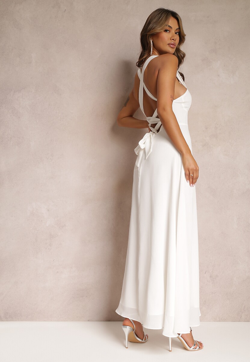 Biała Rozkloszowana Sukienka Koktajlowa Wiązana na Plecach Malori