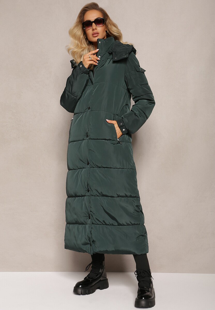 Ciemnozielona Długa Kurtka Płaszcz z Pikowaniem i Odpinanym Kapturem Mystaris