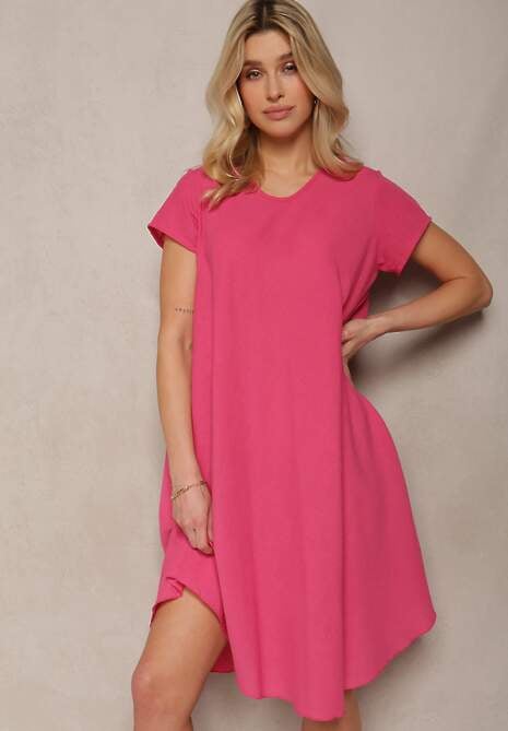 Fuksjowa Sukienka o Rozkloszowanym Kroju z Krótkim Rękawem Tiasha