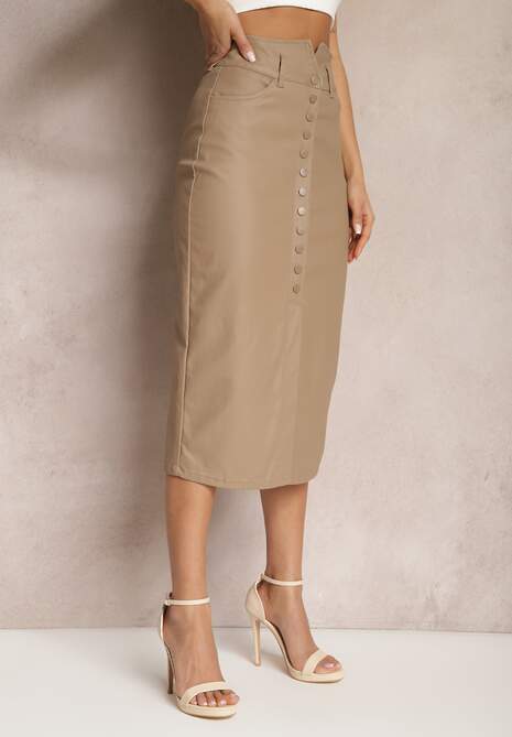 Ciemnobeżowa Spódnica z Ekoskóry High Waist z Rozcięciem i Napami z Przodu Asttia