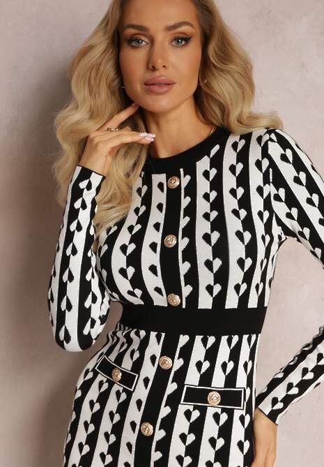 Biała Dopasowana Sukienka Dzianinowa w Geometryczny Wzór Grimau