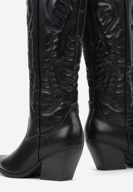 Czarne Kozaki Kowbojki na Stożkowym Obcasie Zdobione Przeszyciami Lumifera