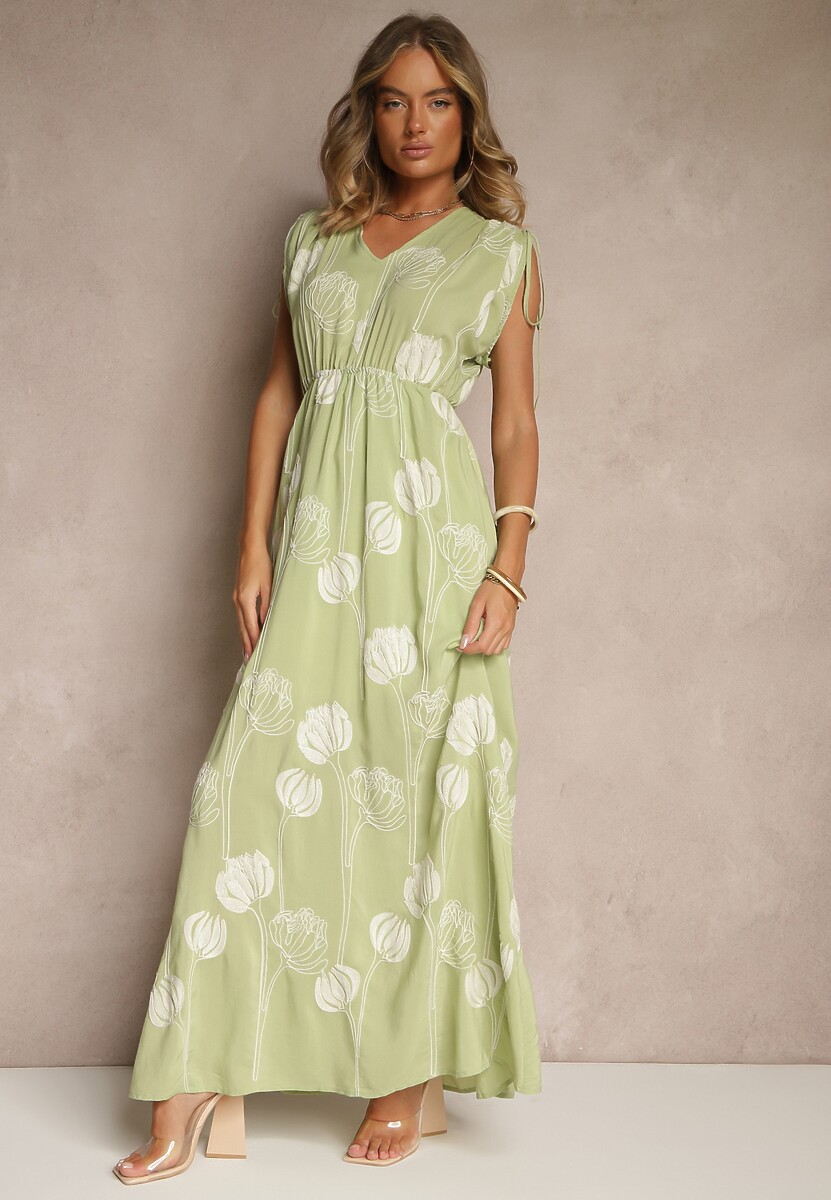 Zielona Sukienka z Wiskozy Ozdobiona Haftami Lumamire