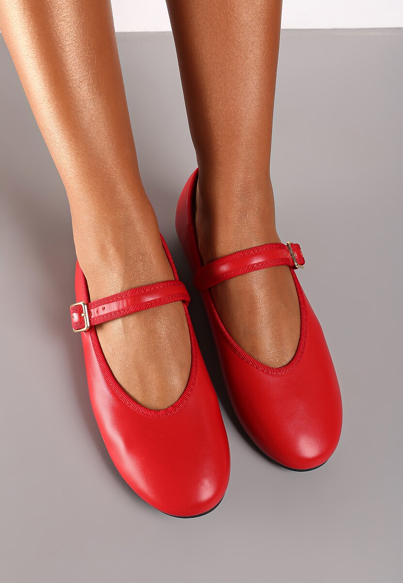 Czerwone Balerinki na Płaskiej Podeszwie Mary Jane ze Sprzączką Mevali