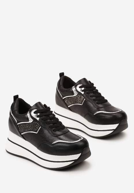 Czarne Sneakersy na Platformie z Cyrkoniami na Boku Oarema