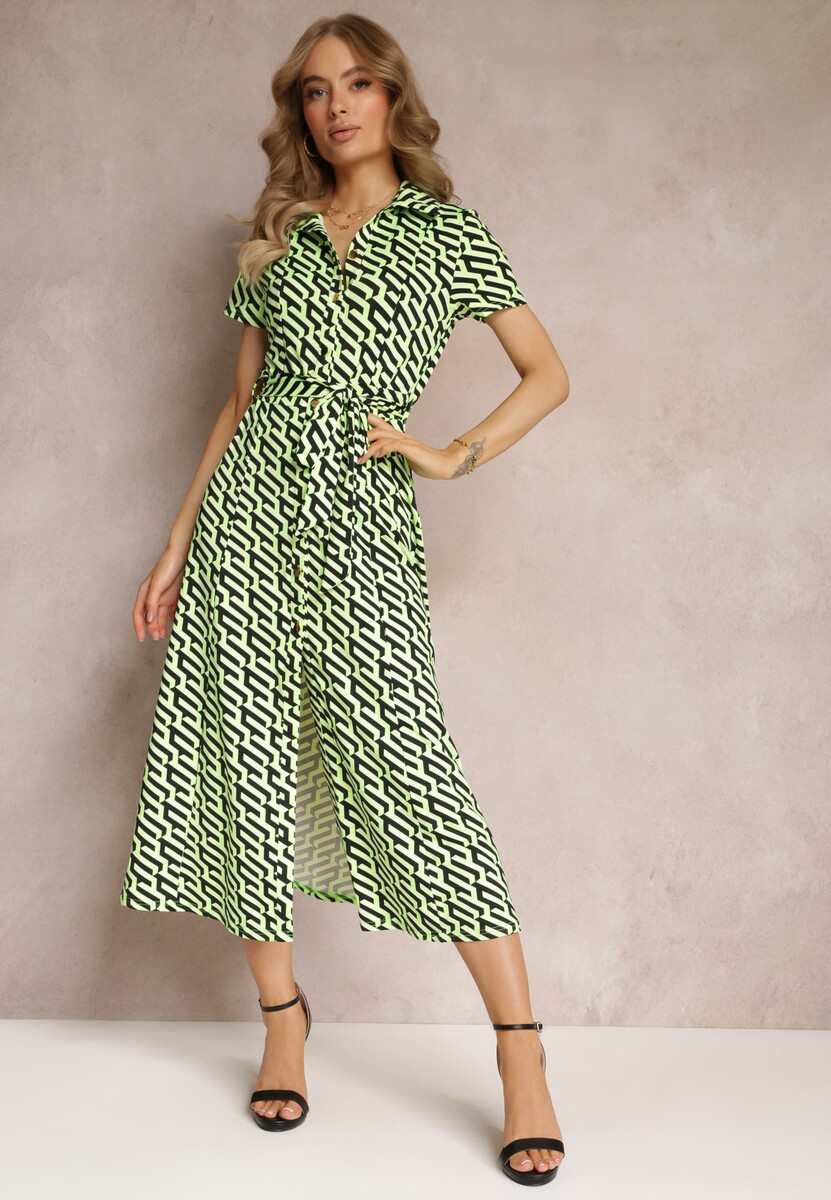 Zielona Rozkloszowana Sukienka Midi w Koszulowym Stylu Emerrisa