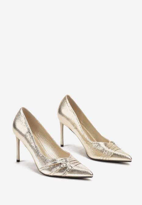 Złote Klasyczne Szpilki z Noskiem w Szpic Ozdobionym Klamerkami i Paseczkami Railanne