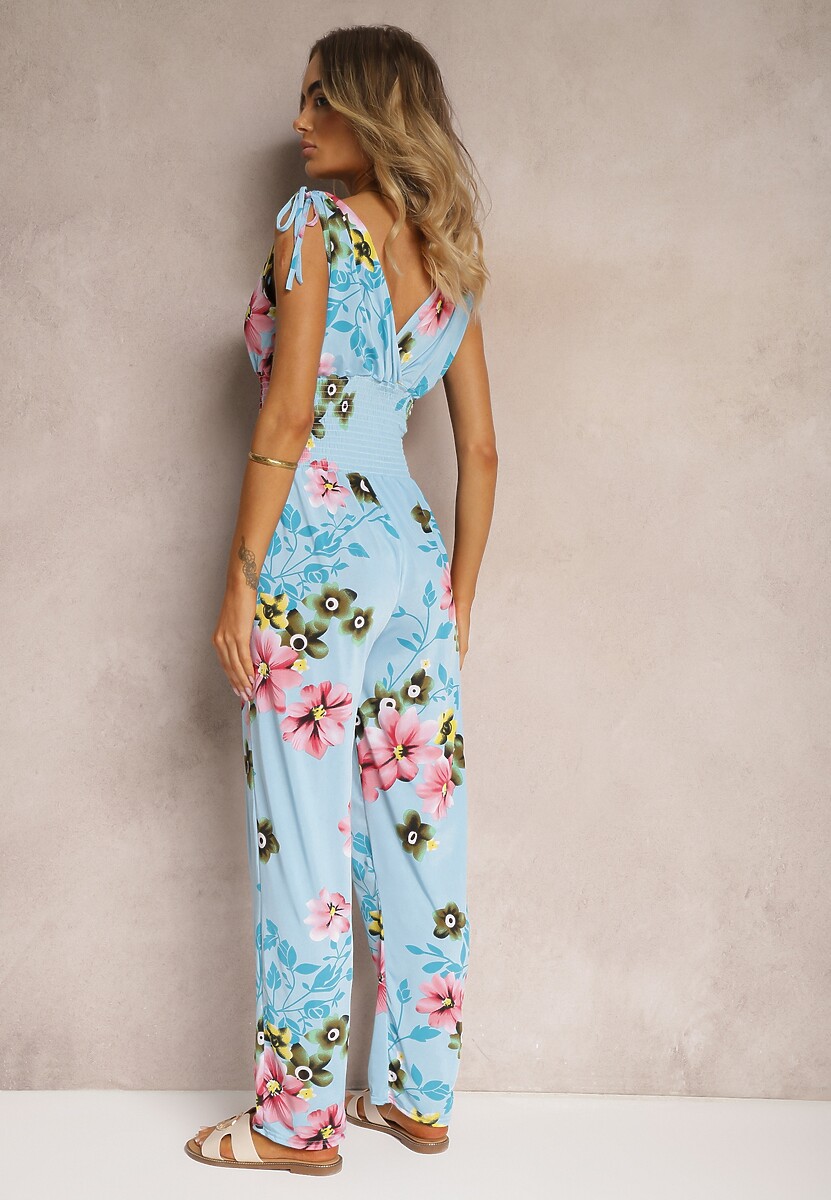 Jasnoniebieski Kombinezon z Ściągaczami na Ramionach w Kwiatowy Wzór Almora