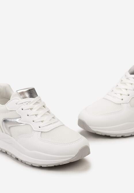 Biało-Srebrne Sneakersy na Płaskiej Podeszwie ze Sznurowaniem i Materiałowymi Wstawkami Haretta