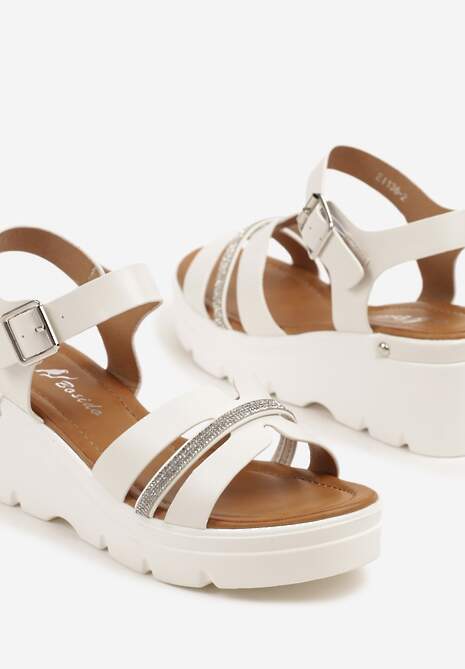 Białe Sandały na Koturnie z Paseczkiem z Cyrkoniami Lisindra