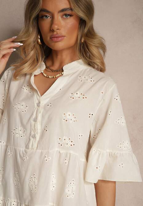 Jasnobeżowa Rozkloszowana Sukienka Koszulowa z Bawełny Zdobiona Haftem i Falbanami Filarosa