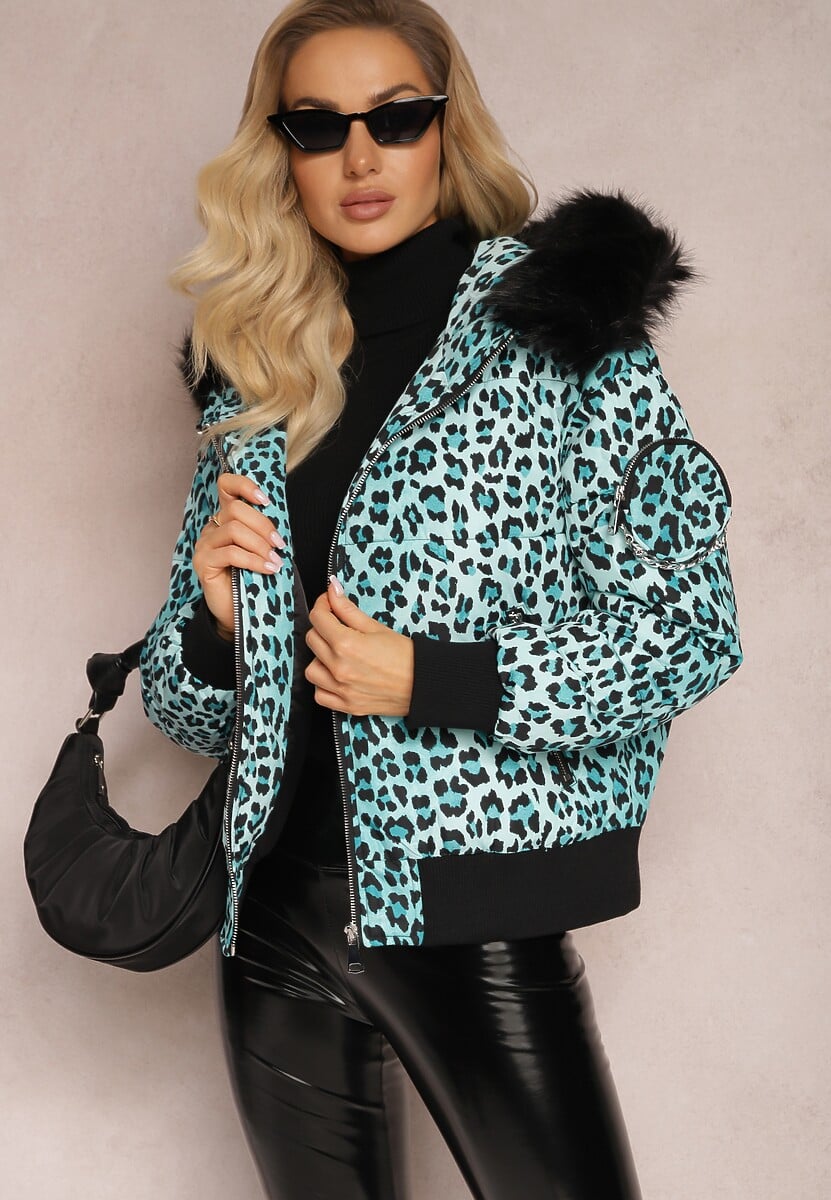 Fioletowa Pikowana Kurtka w Panterkę z Kapturem i Ozdobną Saszetką Sadeve