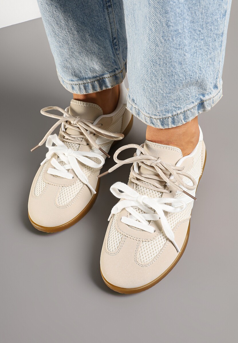 Beżowe Sneakersy w Stylu Tenisówek Ozdobione Geometrycznym Wzorem Teloriella