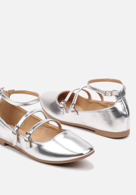 Srebrne Klasyczne Balerinki Zapinane na Paseczki z Ozdobnymi Klamerkami Lerithana