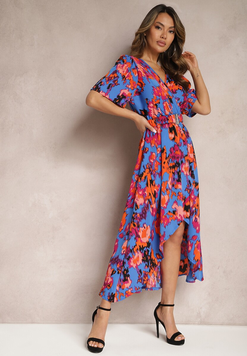 Niebiesko-Pomarańczowa Asymetryczna Sukienka z Gumką w Pasie i Kopertowym Dekoltem Perlana