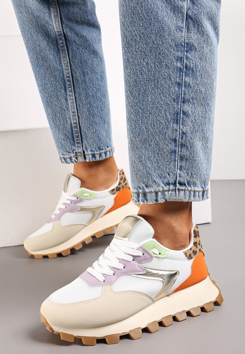 Brązowe Sneakersy na Grubej Podeszwie z Protektorem Ozdobione Wstawkami i Przeszyciami Anemil