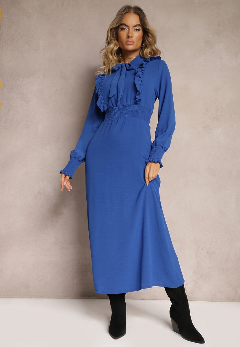 Granatowa Maxi Sukienka Rozkloszowana z Falbankami i Wiązaniem przy Dekolcie Pallam