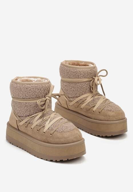 Ciemnobeżowe Śniegowce na Platformie Wykończone Sztucznym Futerkiem Terilani