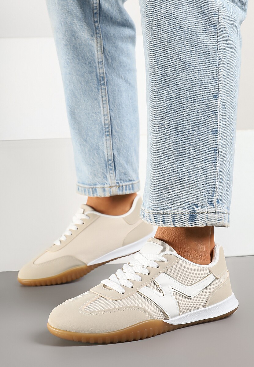 Beżowe Sneakersy Typu Klasyczne Tenisówki Zdobione Przeszyciami Elanioria