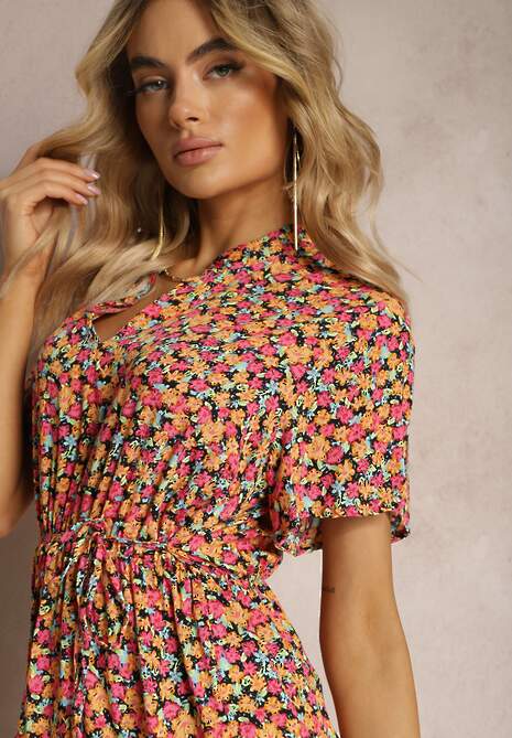 Pomarańczowa Sukienka w Drobny Wzór o Rozkloszowanym Fasonie Wiązana w Talii Ferettia