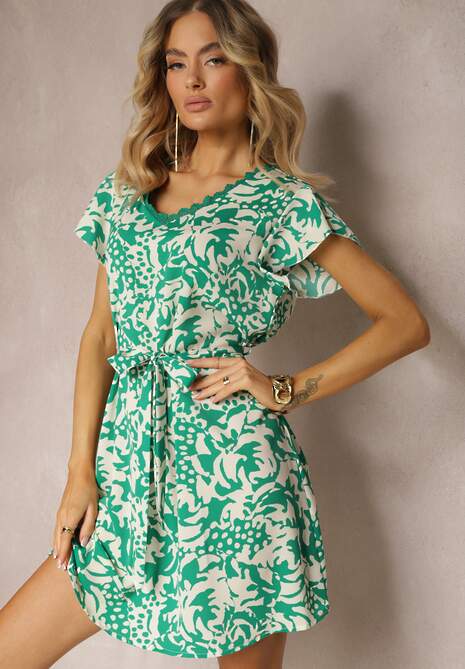 Zielona Sukienka z Dekoltem z Siateczką z Krótkim Rękawem i Materiałowym Paskiem Mleasa