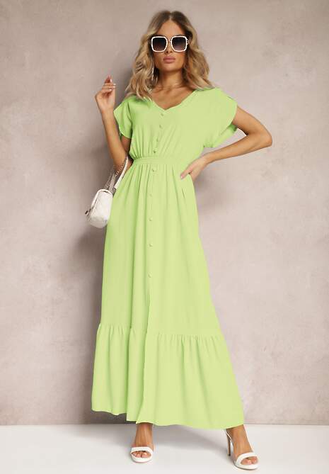 Jasnozielona Rozkloszowana Sukienka z Gumkami w Talii z Guzikami i Rozcięciem Gafia