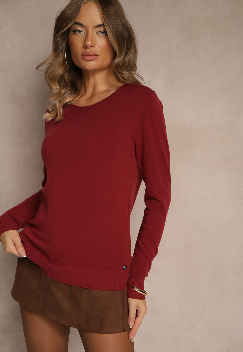 Ciemnobeżowy Gładki Sweter w Minimalistycznym Stylu Tevra