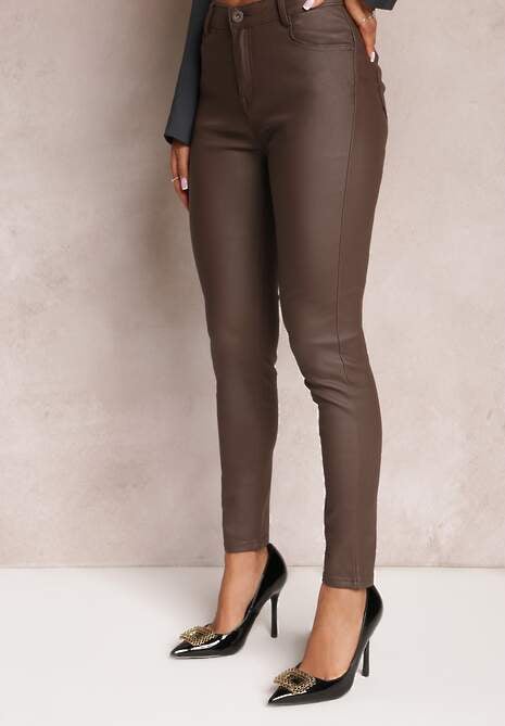 Brązowe Spodnie Skinny z Ekoskóry Operwena