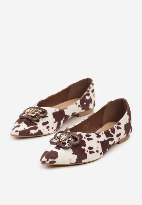 Brązowo-Białe Balerinki ze Szpiczastym Noskiem Zdobione Aplikacją Nalamira